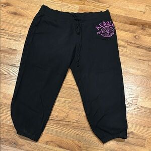 American Eagle Outfitters Cropped Black Joggers with Purple Logo